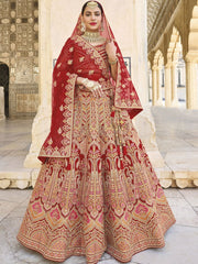 Red Velvet Embroidered Lehenga Choli - Inddus.com