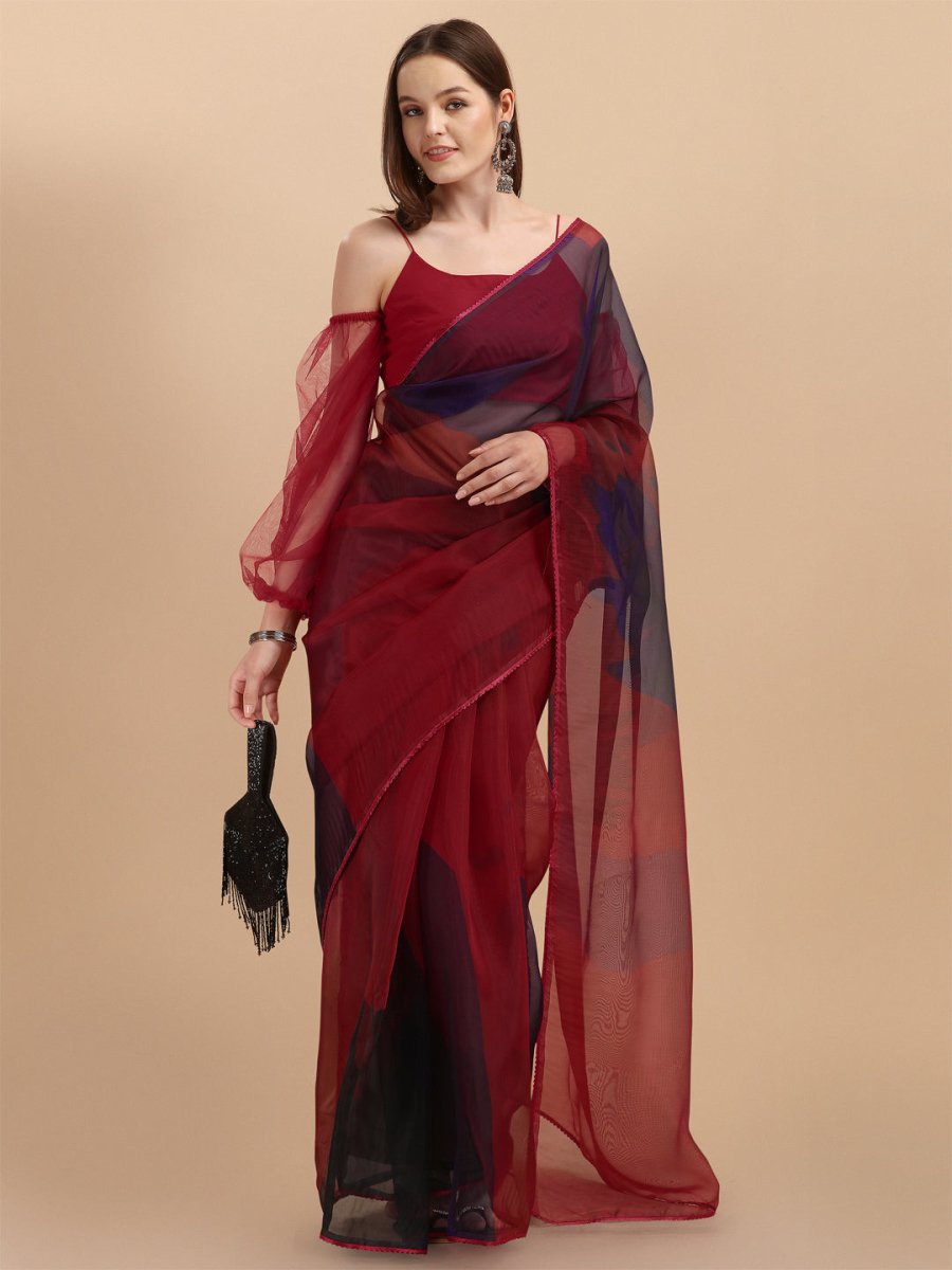 Red & Violet Tie and Dye Organza Saree - Inddus.com