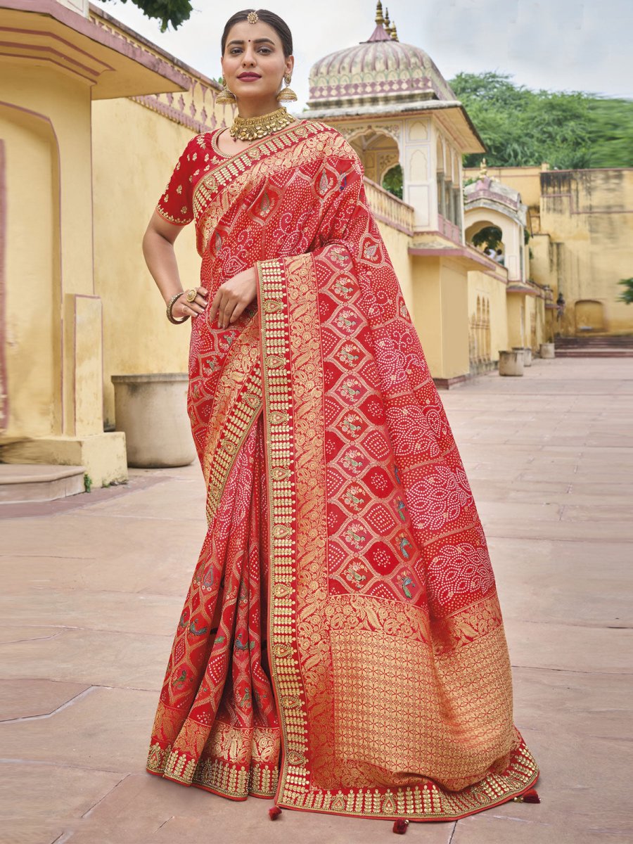 Red Viscose Silk Traditional Saree - Inddus.com