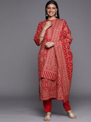 Red Woven Design Pashmina Winter Wear Unstitched Dress Material - Inddus.com