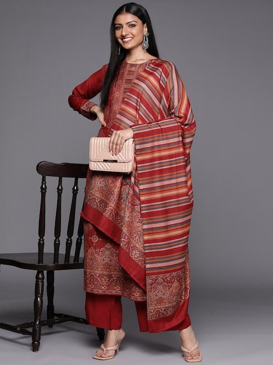 Red Woven Pashmina Winter Wear Unstitched Dress Material - Inddus.com