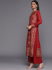 Red Woven Pashmina Winter Wear Unstitched Dress Material - Inddus.com