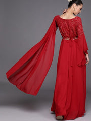 Red Yoke Embroidered Flared Gown with Attached Dupatta and Sequinned Belt - Inddus.com