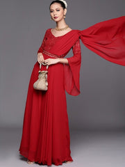 Red Yoke Embroidered Flared Gown with Attached Dupatta and Sequinned Belt - Inddus.com