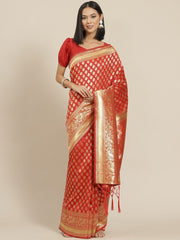 Red Zari Woven Banarasi Saree - Inddus.com