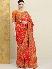 Red Zari Woven Embroidered Embellished Saree - inddus-us