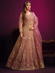 Redefined Pink Net Embroidered Partywear Gown - Inddus.com