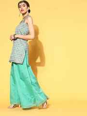 redefined sea green silk blend woven design kurta set