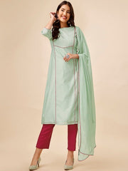 Regular Chanderi Cotton Kurta with Trousers & Dupatta - Inddus.com