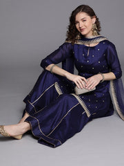 Royal Blue Embroidered Kurta with Sharara and Net Dupatta - Inddus.com