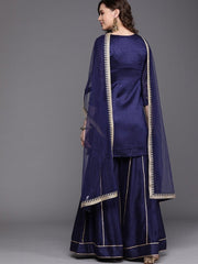 Royal Blue Embroidered Kurta with Sharara and Net Dupatta - Inddus.com