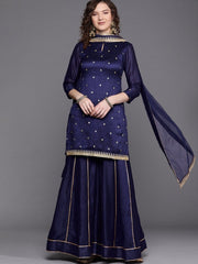 Royal Blue Embroidered Kurta with Sharara and Net Dupatta - Inddus.com