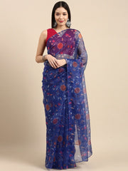 Royal Blue Floral Organza Digital Print Saree - Inddus.com