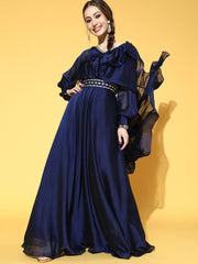 Royal Blue Solid Flared Gown with attached Ruffled Dupatta - inddus-us