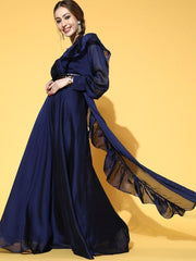 Royal Blue Solid Flared Gown with attached Ruffled Dupatta - inddus-us