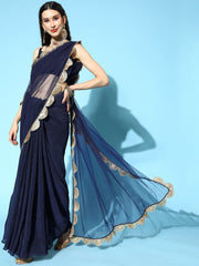 Royale Blue Pleated Half and Half Saree with Sequins Scalloped Border - Inddus.com