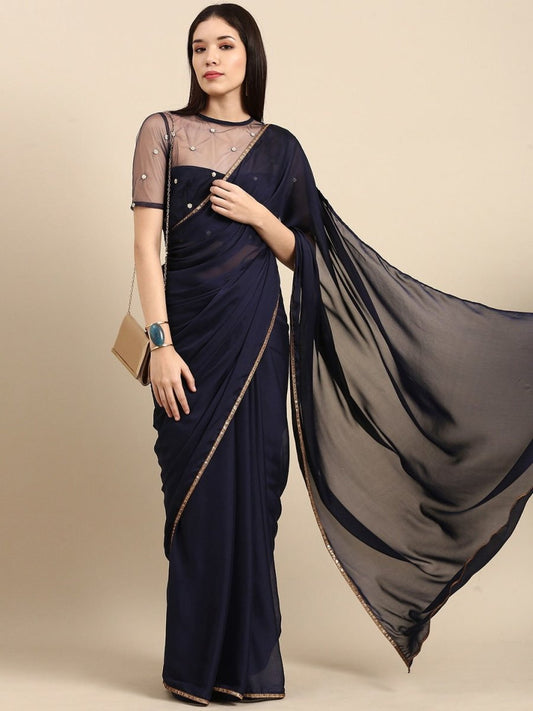Royale Blue Solid Saree - Inddus.com