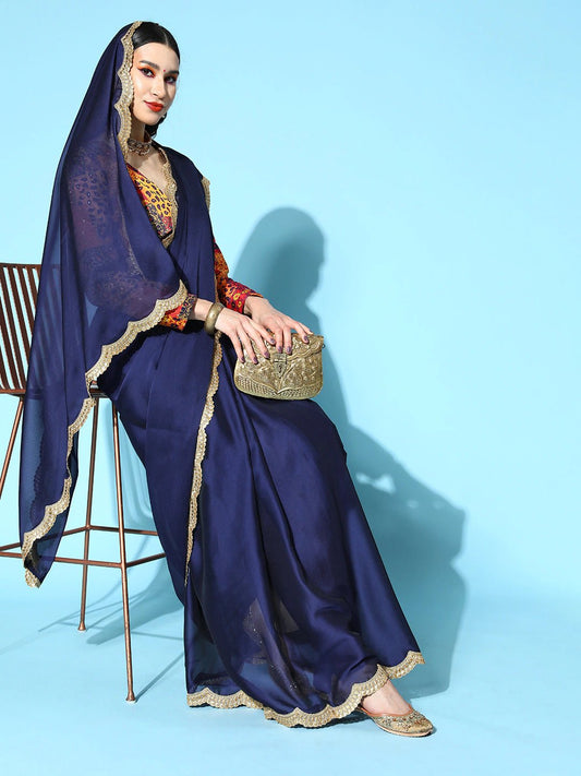 Royale Blue Solid Saree with Brocade Blouse Piece - Inddus.com