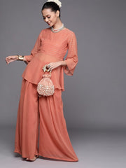 Rust Embroidered Kurta with Sharara - inddus-us