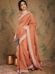 Rust Embroidered Sequinned Saree