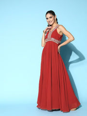 Rust Embroidered Yoke Design Ethnic Gown - Inddus.com