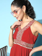 Rust Embroidered Yoke Design Ethnic Gown - Inddus.com