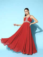 Rust Embroidered Yoke Design Ethnic Gown - Inddus.com
