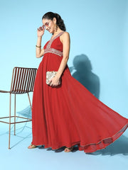 Rust Embroidered Yoke Design Ethnic Gown - Inddus.com