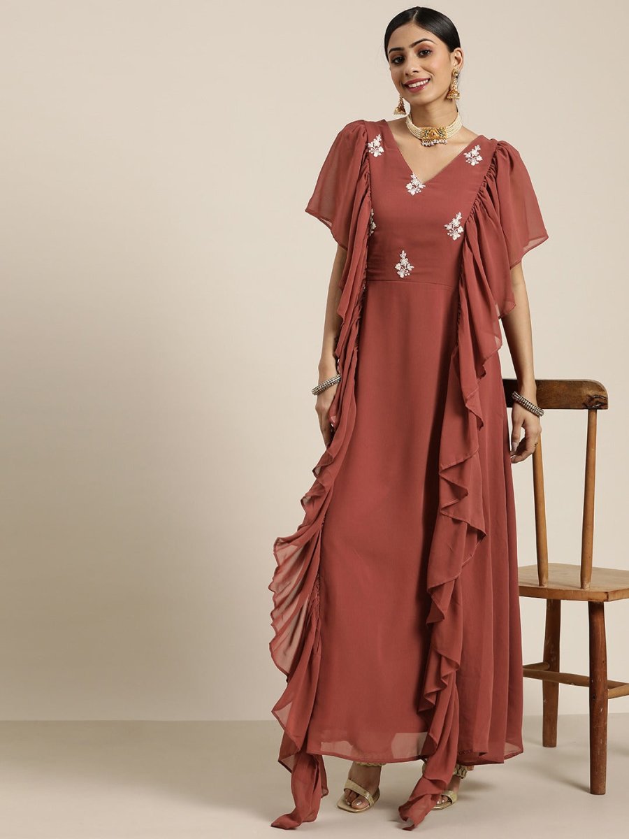 Rust Fit and Flared Embroidered Yoked Gown - Inddus.com