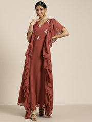 Rust Fit and Flared Embroidered Yoked Gown - Inddus.com