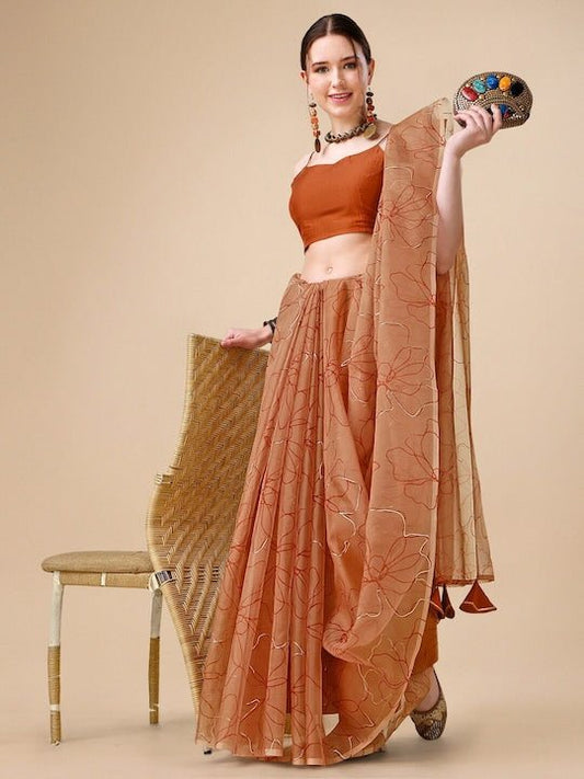 Rust Floral Digital Printed Organza Saree - Inddus.com