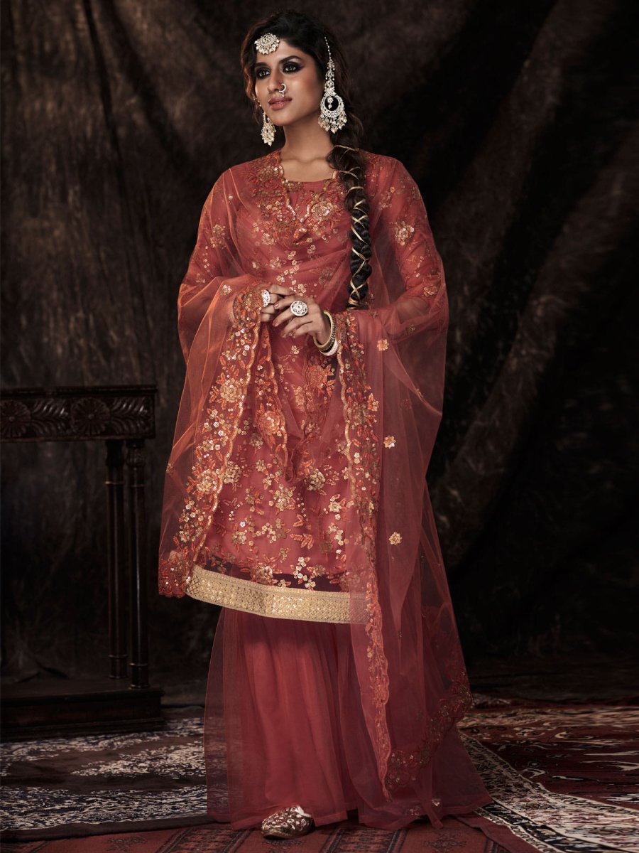 Rust Net Embroidered Sharara-Style-Suit - Inddus.com