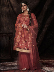 Rust Net Embroidered Sharara-Style-Suit - Inddus.com