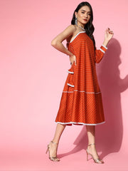 Rust Polka Dot One Shoulder Midi Dress - Inddus.com