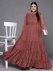 Rust Red Sequined Georgette Ethnic Tiered Maxi Dress - Inddus.com