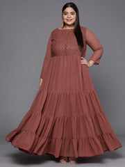 Rust Red Sequined Georgette Ethnic Tiered Maxi Dress - Inddus.com