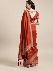 Rust Silk Blend Embroidered Party Wear Embellished Saree - inddus-us
