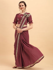 Rust Solid Laced Saree with Embroidered Blouse - inddus-us