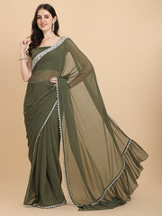 Sage Green Embroidered Georgette Ruffle Saree - Inddus.com