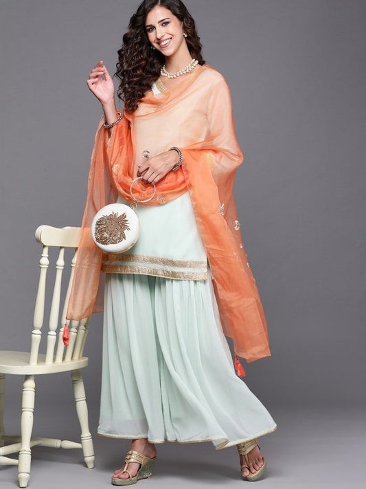 Sage Green Embroidered Kurta with Sharara and Dupatta - inddus-us