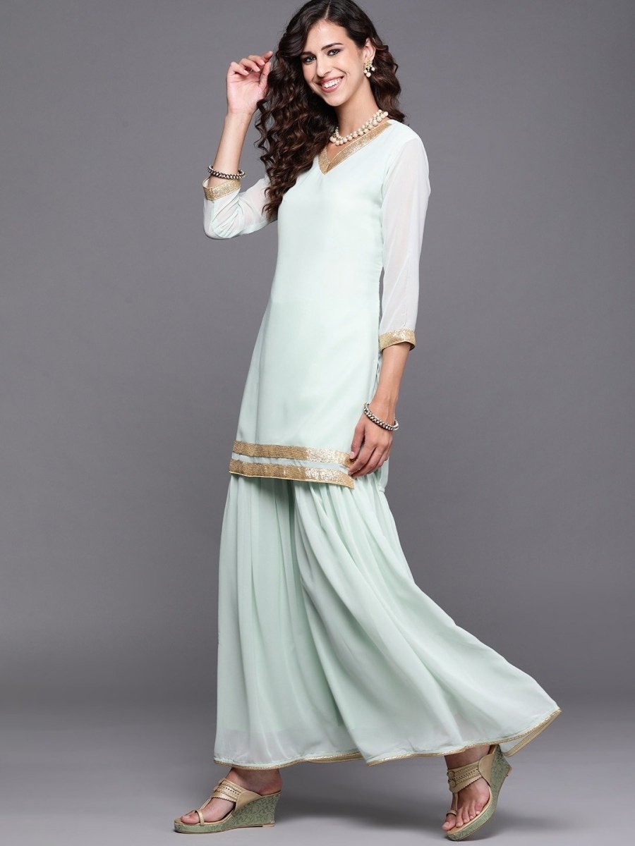 Sage Green Embroidered Kurta with Sharara and Dupatta - inddus-us
