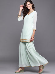 Sage Green Embroidered Kurta with Sharara and Dupatta - inddus-us