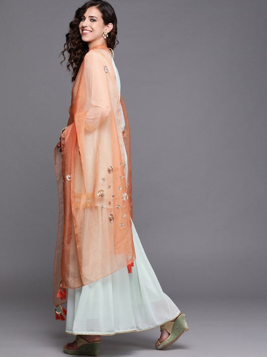 Sage Green Embroidered Kurta with Sharara and Dupatta - inddus-us