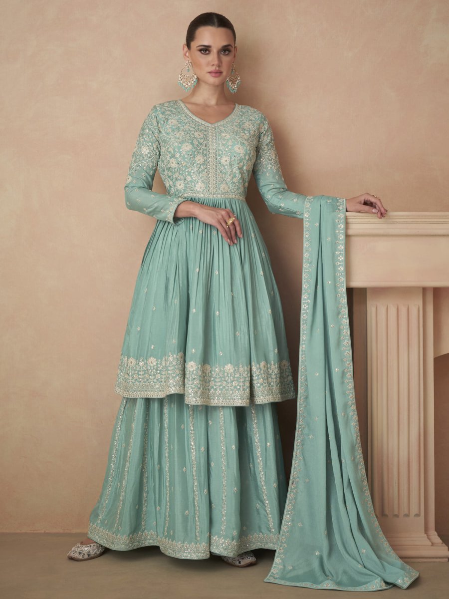 Sage Green Embroidered Wedding Wear Sharara-Style-Suit - Inddus.com