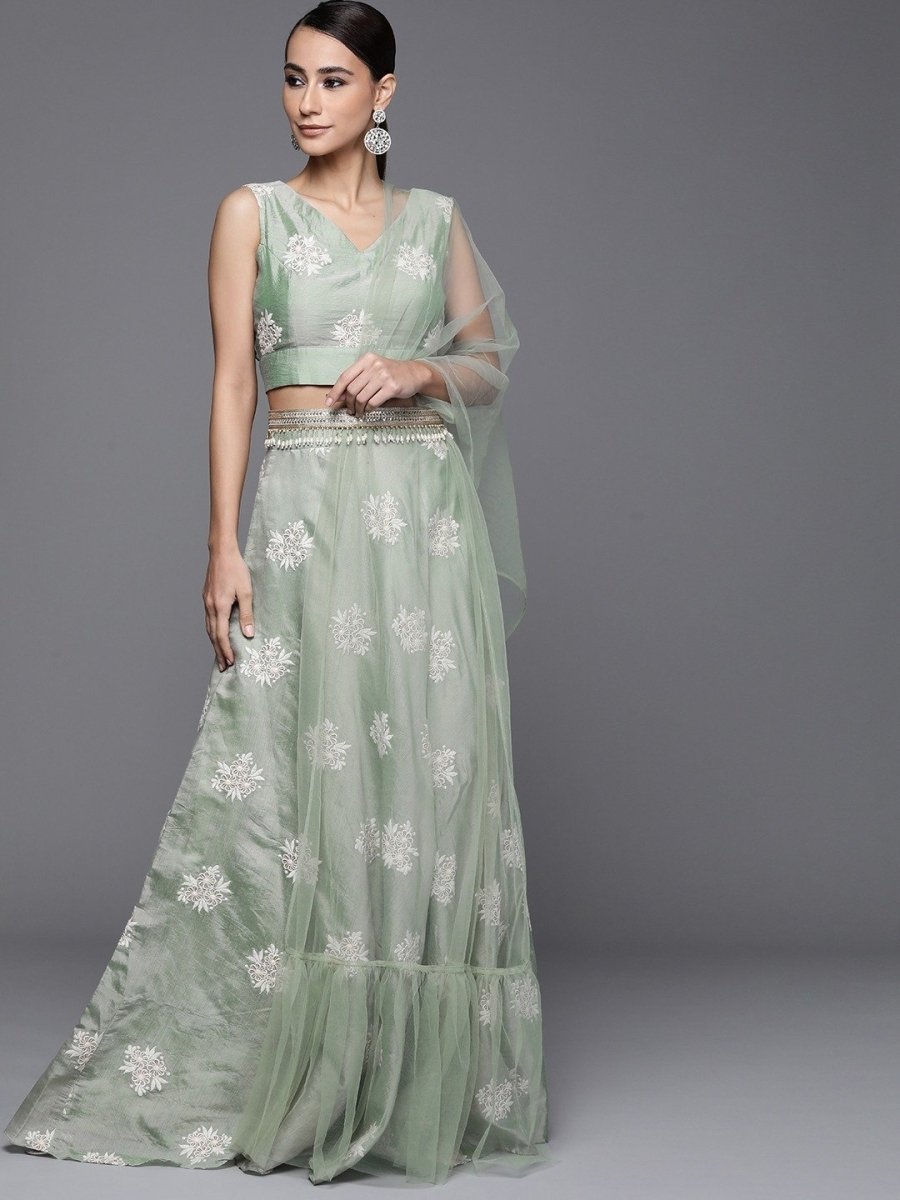 Sage Green Floral Embroidered SemiStitched Lehenga with Blouse and Dupatta and Belt - inddus-us