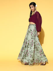 Sage Green Floral Print Skirt with Purple Self Design Top - Inddus.com