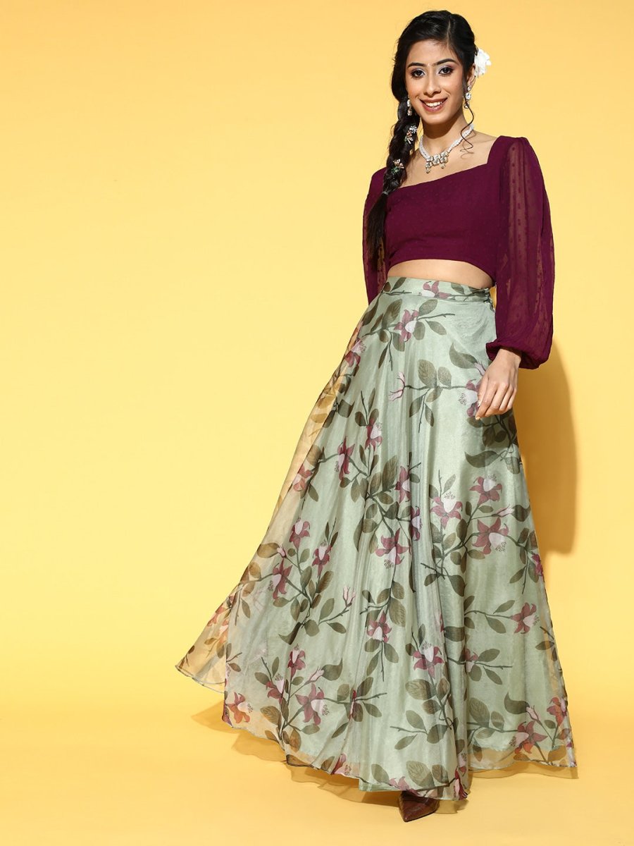 Sage Green Floral Print Skirt with Purple Self Design Top - Inddus.com