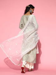 Sage Green Laced Kurta with Palazzo and Embroidered Dupatta - Inddus.com