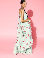 Sage Green Printed Stitched Teired Sharara Ruffled Saree with Blouse Piece - inddus-us