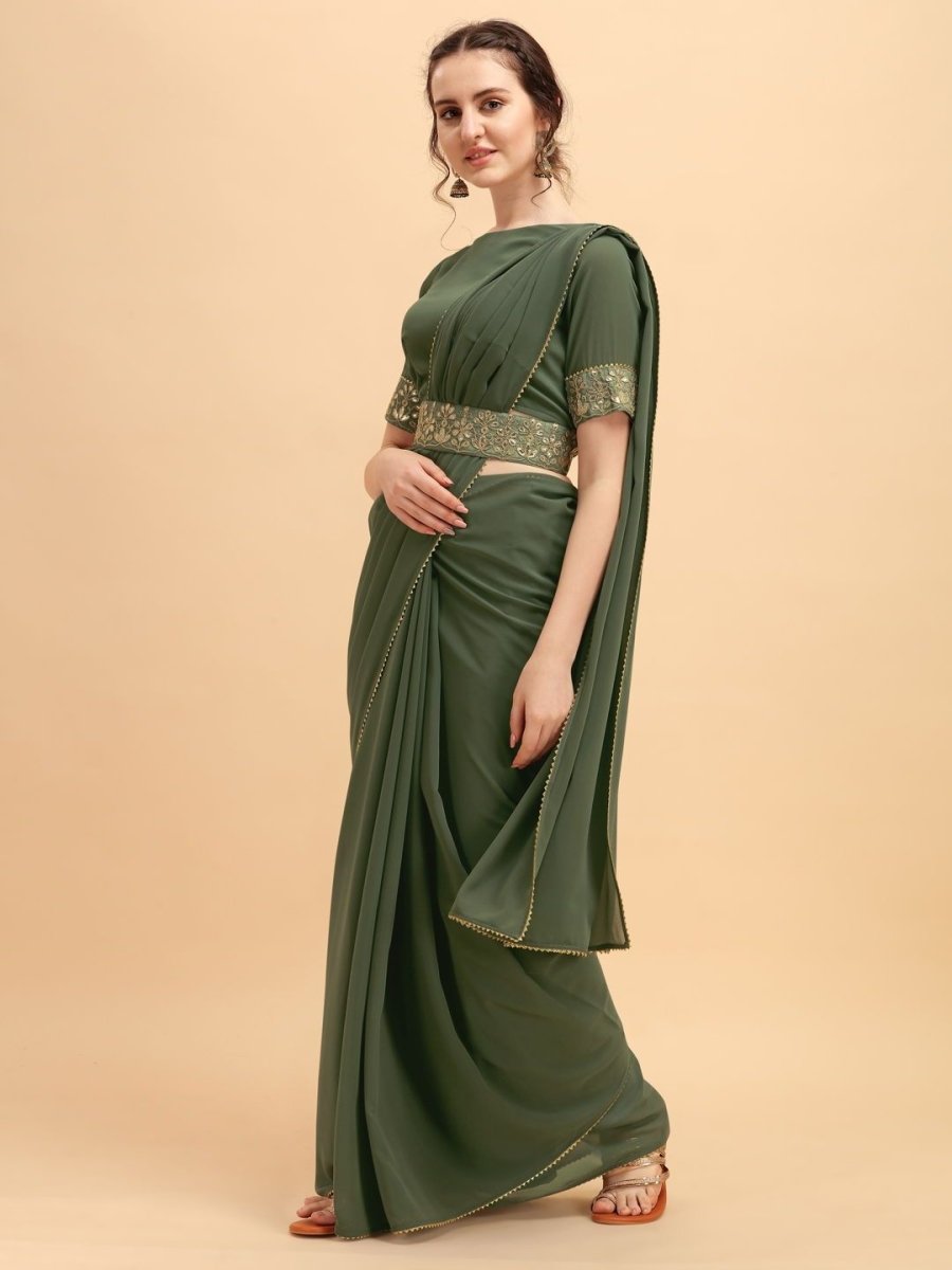 Sage Green Solid Saree with Embellished Belt - inddus-us